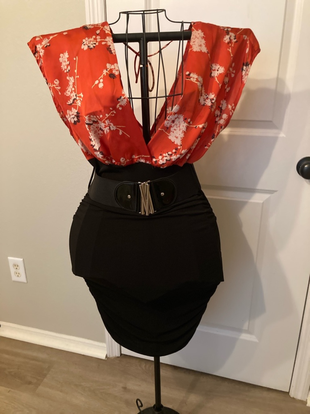 Forever 21 Red Floral Draped Bodice Black Skirt Dress